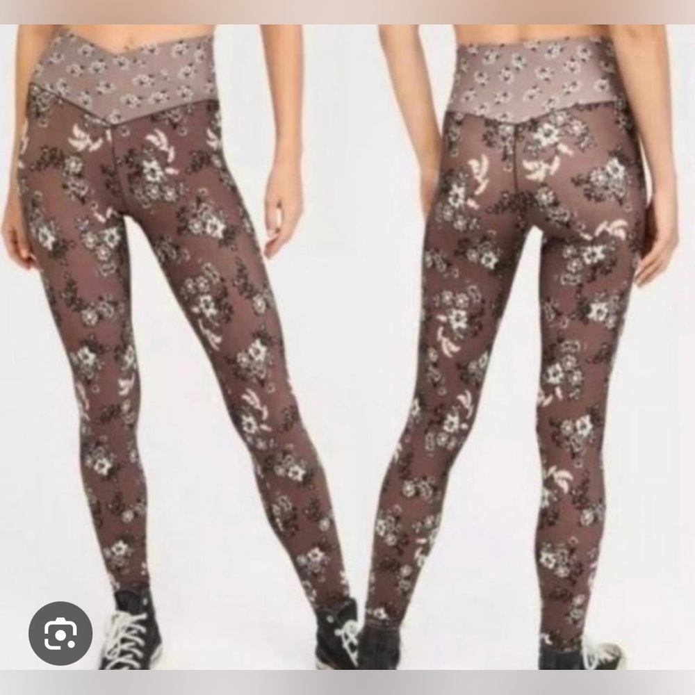 Aerie Brown Floral Crossover Waistband Leggings